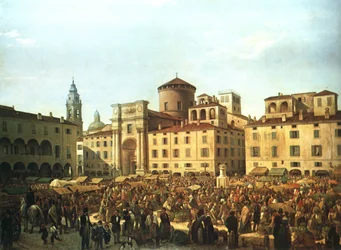 Der Marktplatz von Parma an einem Markttag im Jahr 1848